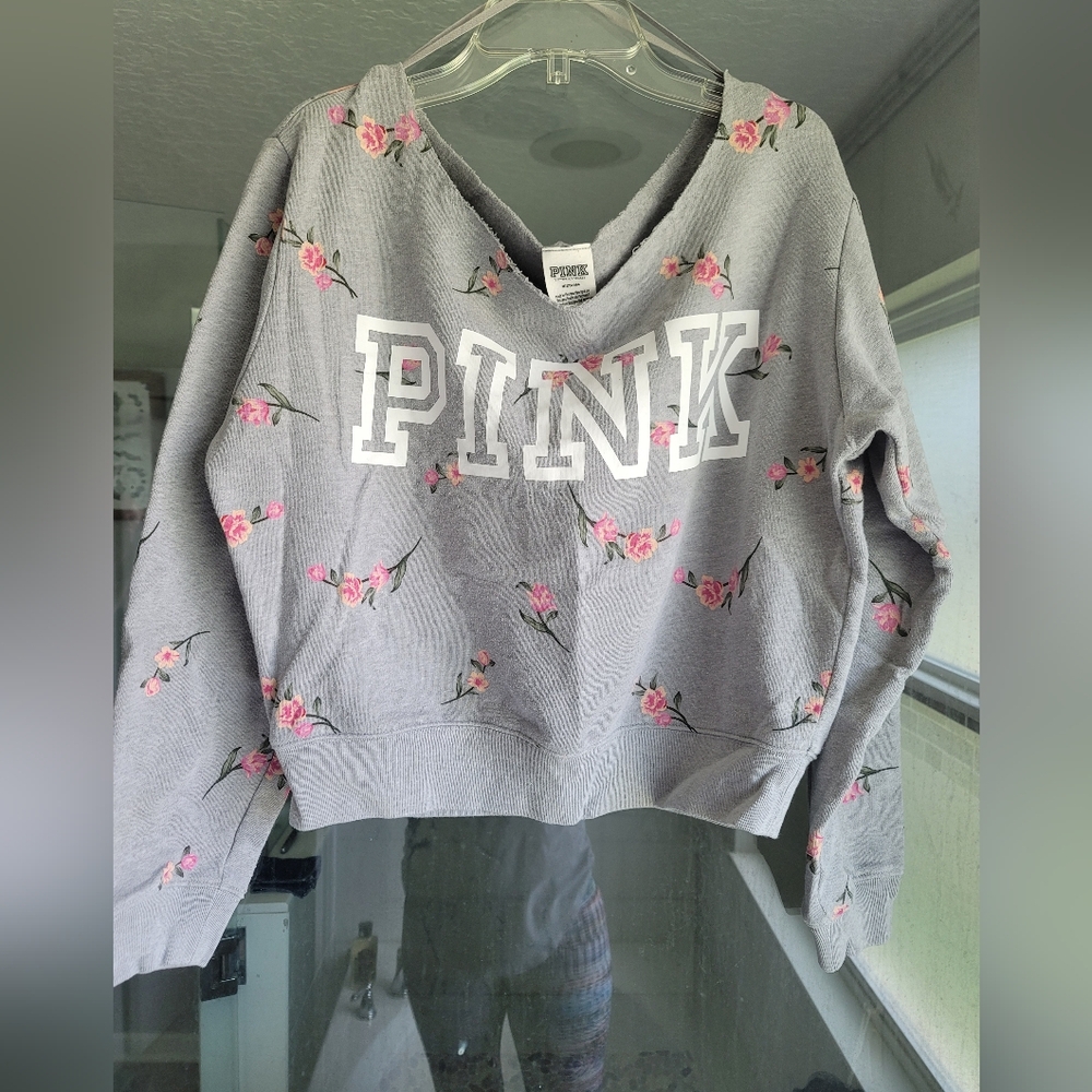 Victorias Secret Pink Floral Crop Off Shoulder Sweatshirt Size M
